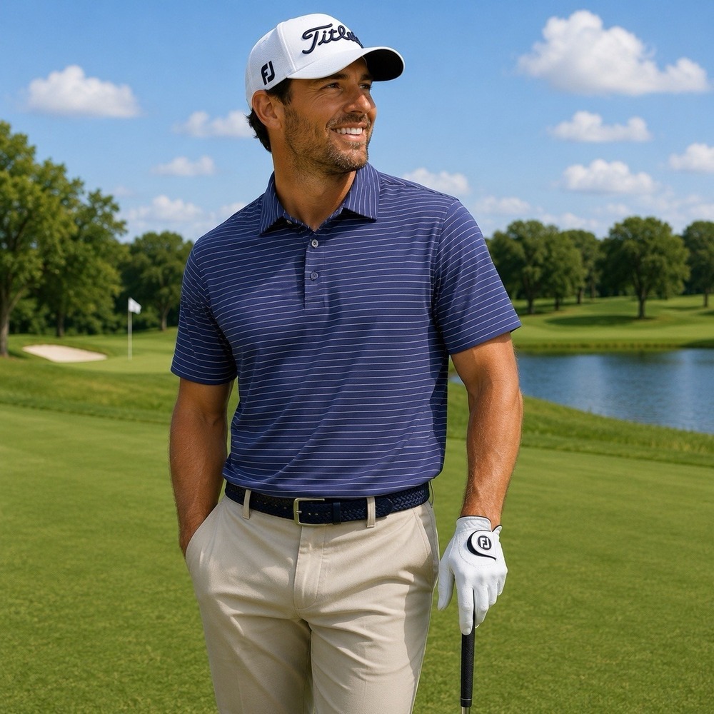 Horn Legend GOLF SHIRT PERFORMANCE Luxury Men XL NAVY STRIPE Performance Polo